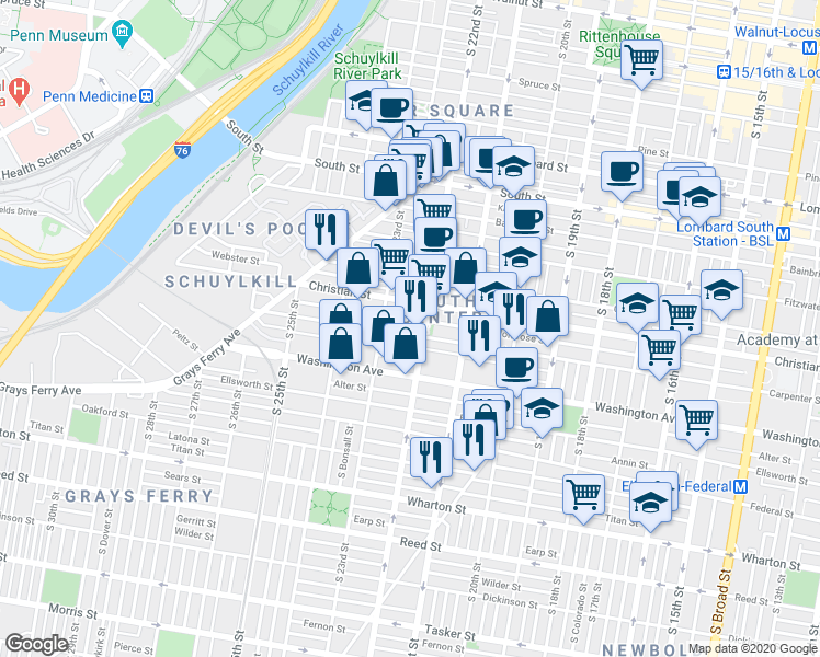 map of restaurants, bars, coffee shops, grocery stores, and more near 2215 Carpenter Street in Philadelphia