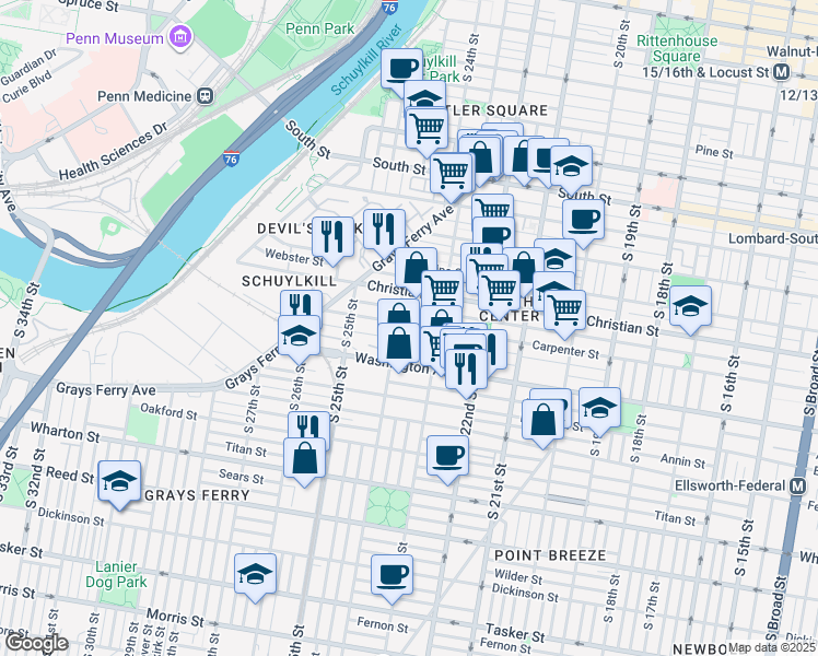 map of restaurants, bars, coffee shops, grocery stores, and more near 1014 South 24th Street in Philadelphia