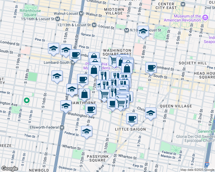 map of restaurants, bars, coffee shops, grocery stores, and more near 743 South 11th Street in Philadelphia