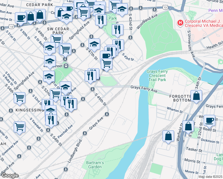 map of restaurants, bars, coffee shops, grocery stores, and more near 4755 Paschall Avenue in Philadelphia