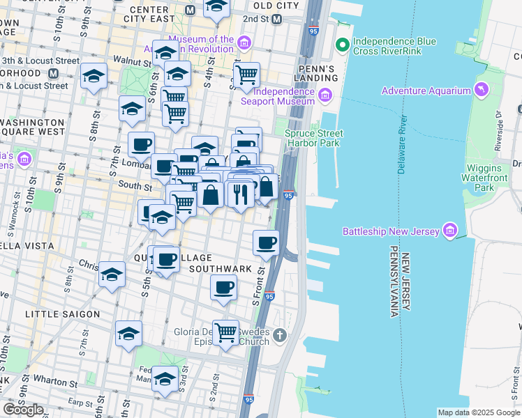 map of restaurants, bars, coffee shops, grocery stores, and more near 118 South Street in Philadelphia