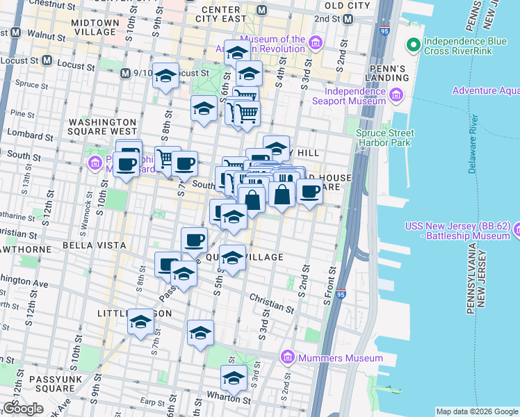 map of restaurants, bars, coffee shops, grocery stores, and more near 310 Bainbridge Street in Philadelphia