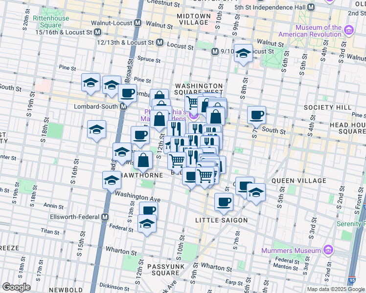 map of restaurants, bars, coffee shops, grocery stores, and more near 743 South 11th Street in Philadelphia