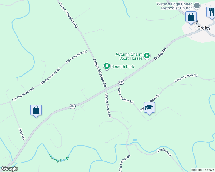 map of restaurants, bars, coffee shops, grocery stores, and more near 1928 Prayer Mission Road in Windsor