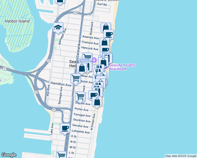 map of restaurants, bars, coffee shops, grocery stores, and more near 16 Webster Avenue in Seaside Heights