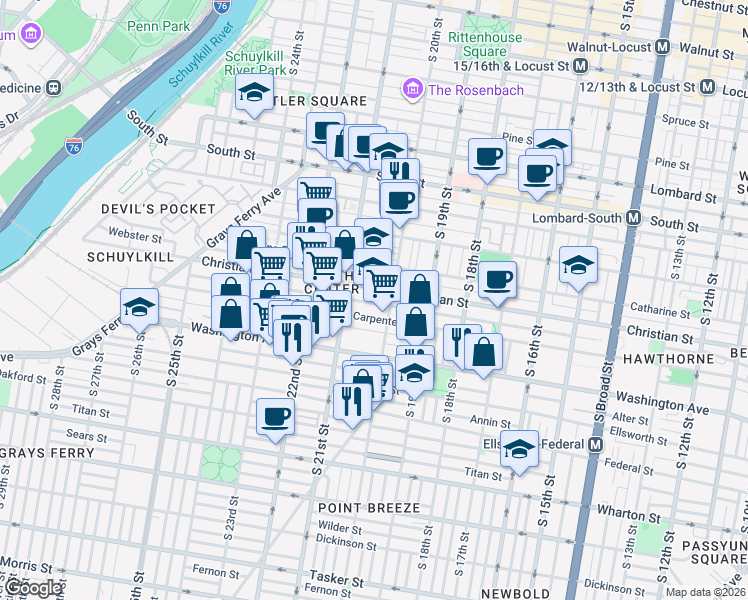 map of restaurants, bars, coffee shops, grocery stores, and more near 2019 Montrose Street in Philadelphia
