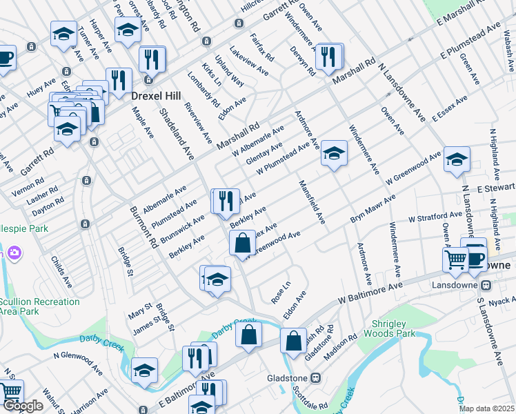 map of restaurants, bars, coffee shops, grocery stores, and more near 233 Berkley Avenue in Lansdowne