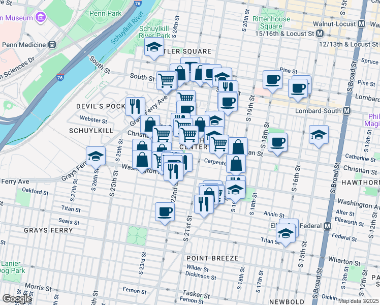 map of restaurants, bars, coffee shops, grocery stores, and more near 2120 Montrose Street in Philadelphia