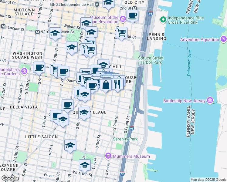 map of restaurants, bars, coffee shops, grocery stores, and more near 223 Head House Court in Philadelphia