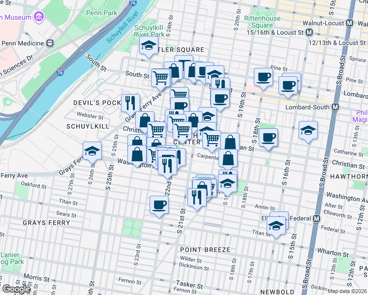 map of restaurants, bars, coffee shops, grocery stores, and more near 2118 Montrose Street in Philadelphia