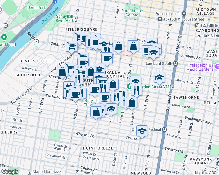 map of restaurants, bars, coffee shops, grocery stores, and more near 1924 Christian Street in Philadelphia
