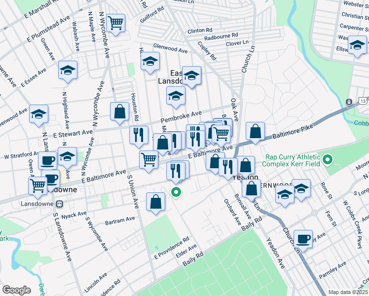map of restaurants, bars, coffee shops, grocery stores, and more near 529 East Baltimore Avenue in East Lansdowne