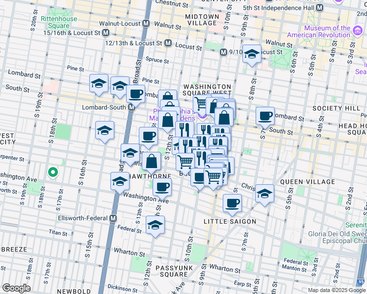 map of restaurants, bars, coffee shops, grocery stores, and more near 755 South 11th Street in Philadelphia