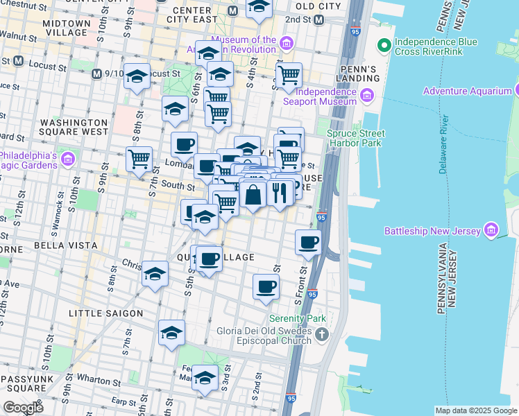 map of restaurants, bars, coffee shops, grocery stores, and more near in Philadelphia