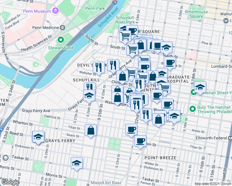 map of restaurants, bars, coffee shops, grocery stores, and more near 2400 Carpenter Street in Philadelphia