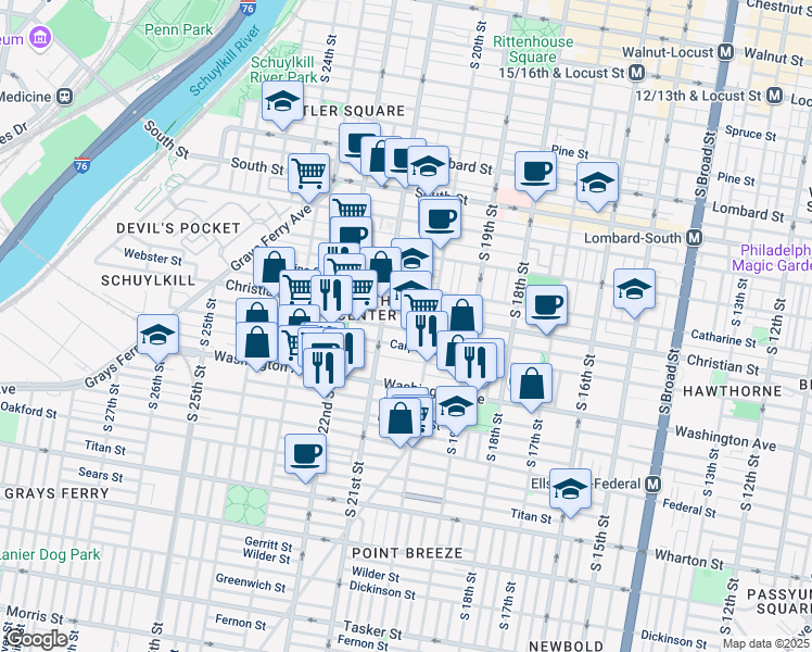 map of restaurants, bars, coffee shops, grocery stores, and more near 2029 Montrose Street in Philadelphia