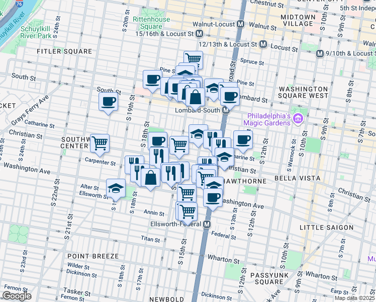 map of restaurants, bars, coffee shops, grocery stores, and more near 1520 Catharine Street in Philadelphia