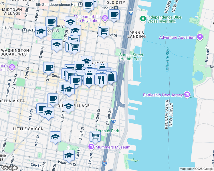map of restaurants, bars, coffee shops, grocery stores, and more near 136 South Street in Philadelphia