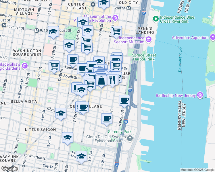 map of restaurants, bars, coffee shops, grocery stores, and more near 610 South American Street in Philadelphia