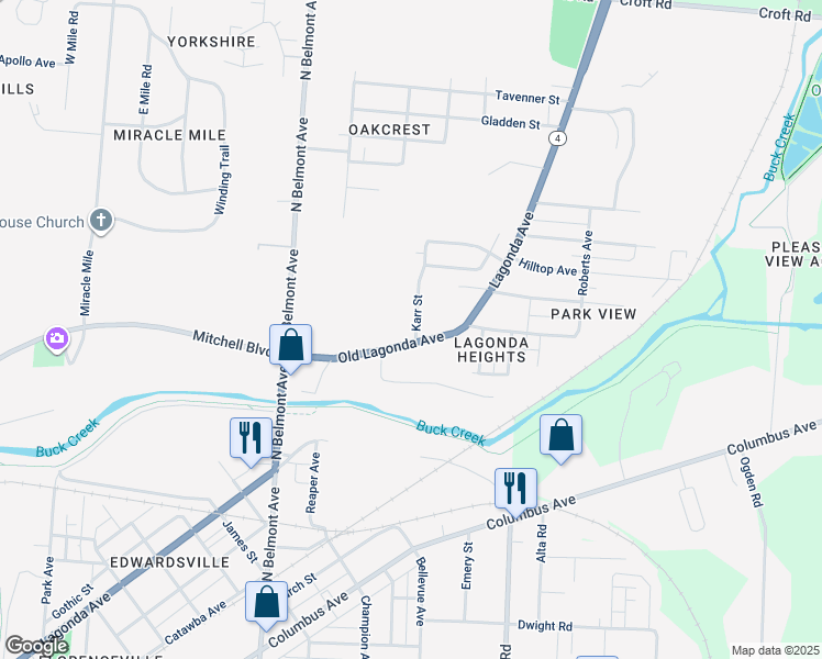 map of restaurants, bars, coffee shops, grocery stores, and more near 2338 Old Lagonda Avenue in Springfield
