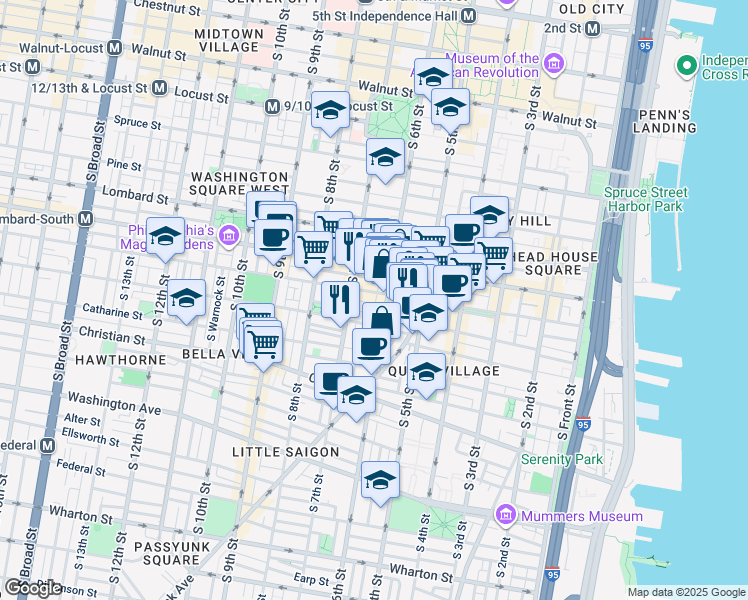 map of restaurants, bars, coffee shops, grocery stores, and more near 706 South Marshall Street in Philadelphia