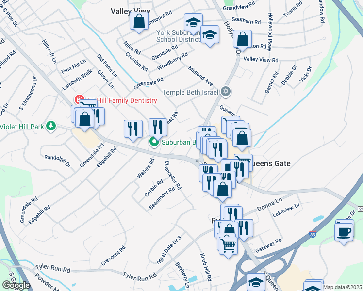 map of restaurants, bars, coffee shops, grocery stores, and more near 2025 South Queen Street in York