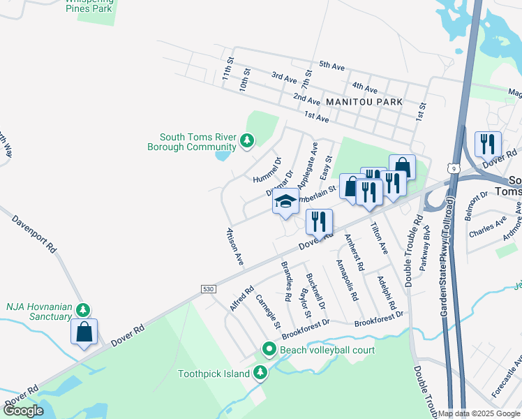 map of restaurants, bars, coffee shops, grocery stores, and more near 441 Applegate Avenue in Toms River