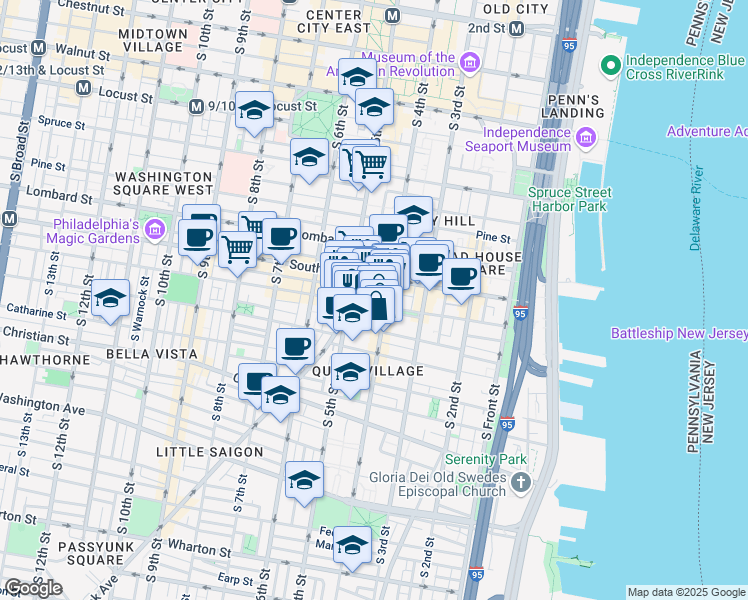 map of restaurants, bars, coffee shops, grocery stores, and more near 413 Bainbridge Street in Philadelphia