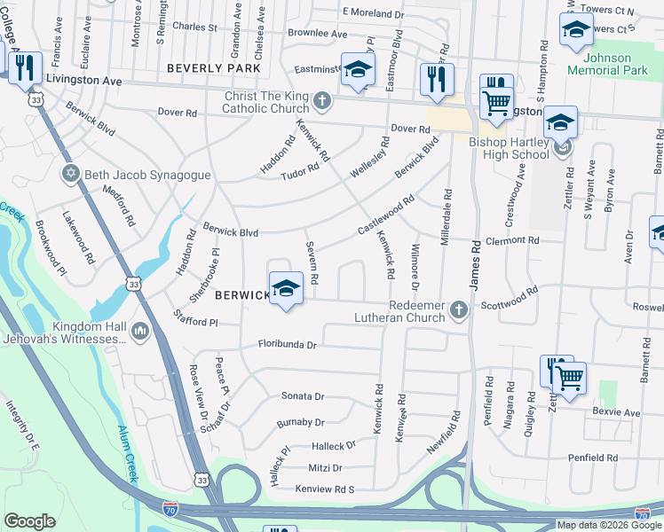map of restaurants, bars, coffee shops, grocery stores, and more near 1452 Cottingham Court East in Columbus