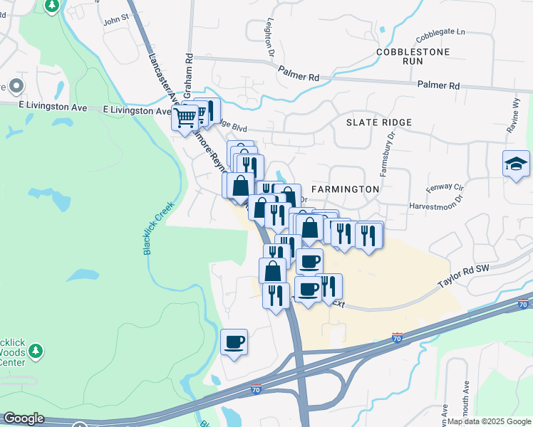 map of restaurants, bars, coffee shops, grocery stores, and more near 7634 Farmsbury Drive in Reynoldsburg