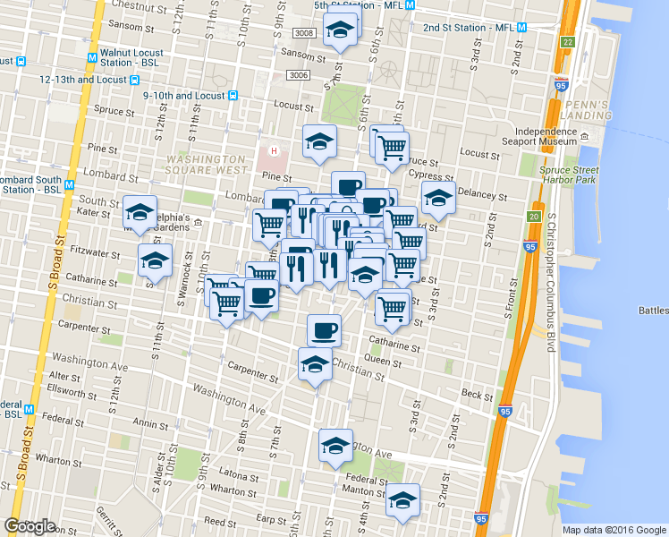 map of restaurants, bars, coffee shops, grocery stores, and more near 704 South 6th Street in Philadelphia