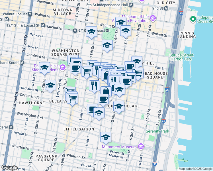 map of restaurants, bars, coffee shops, grocery stores, and more near 704 South 6th Street in Philadelphia