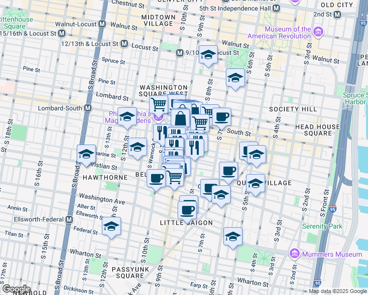 map of restaurants, bars, coffee shops, grocery stores, and more near 727 South 9th Street in Philadelphia