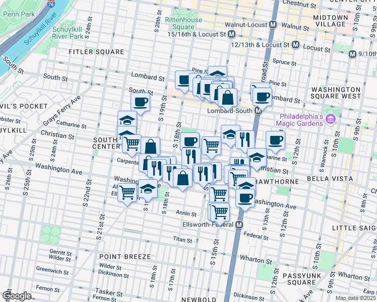 map of restaurants, bars, coffee shops, grocery stores, and more near 1712 Webster Street in Philadelphia