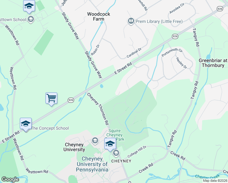 map of restaurants, bars, coffee shops, grocery stores, and more near 1231 Cheyney Road in West Chester