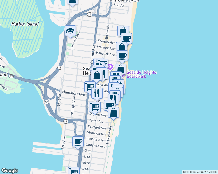 map of restaurants, bars, coffee shops, grocery stores, and more near 49 Webster Avenue in Seaside Heights
