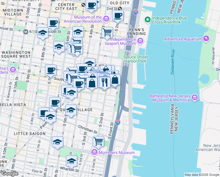 map of restaurants, bars, coffee shops, grocery stores, and more near in Philadelphia