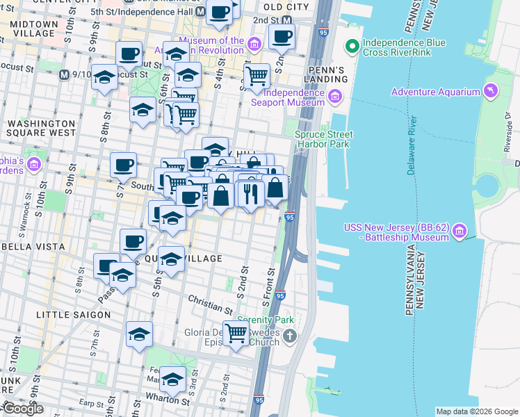 map of restaurants, bars, coffee shops, grocery stores, and more near in Philadelphia