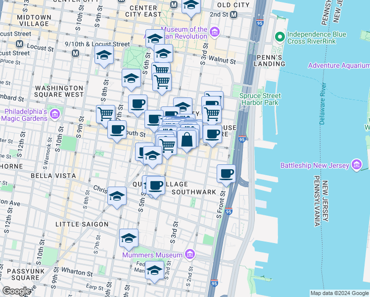 map of restaurants, bars, coffee shops, grocery stores, and more near 310 Bainbridge Street in Philadelphia