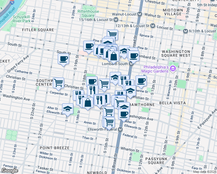 map of restaurants, bars, coffee shops, grocery stores, and more near 1601 Christian Street in Philadelphia