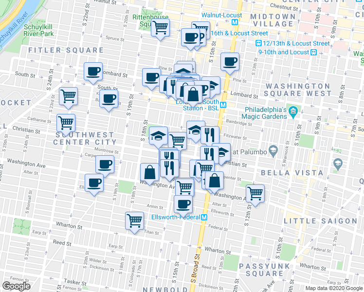 map of restaurants, bars, coffee shops, grocery stores, and more near in Philadelphia