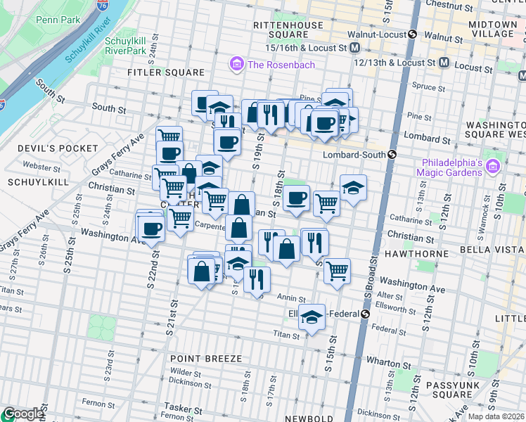 map of restaurants, bars, coffee shops, grocery stores, and more near 1829 Montrose Street in Philadelphia