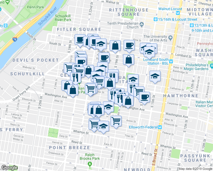 map of restaurants, bars, coffee shops, grocery stores, and more near 1928 Montrose Street in Philadelphia