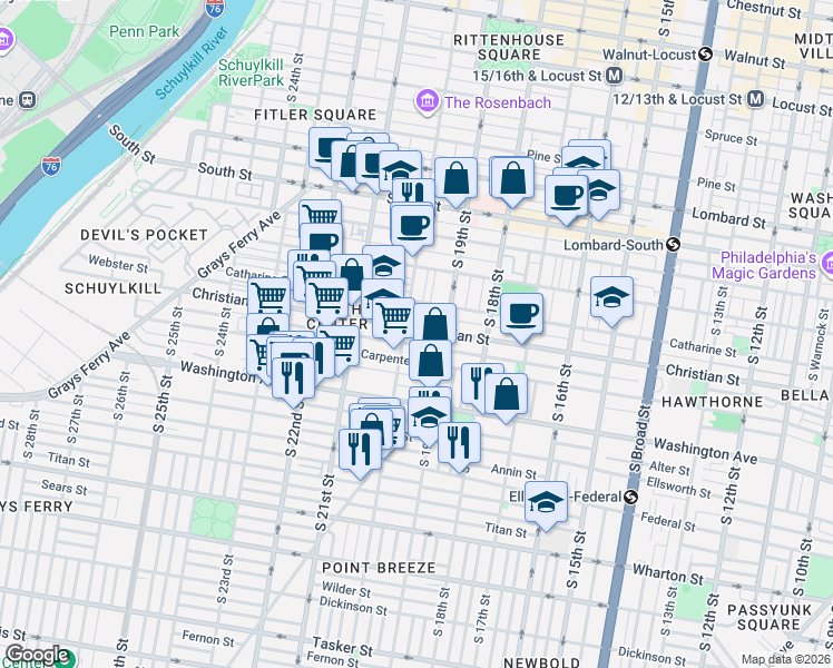 map of restaurants, bars, coffee shops, grocery stores, and more near 1928 Montrose Street in Philadelphia