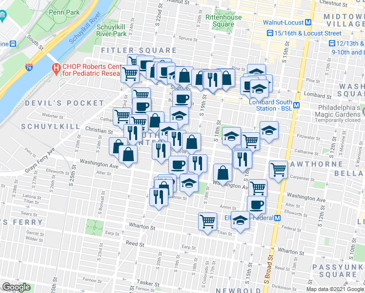 map of restaurants, bars, coffee shops, grocery stores, and more near 1928 Montrose Street in Philadelphia