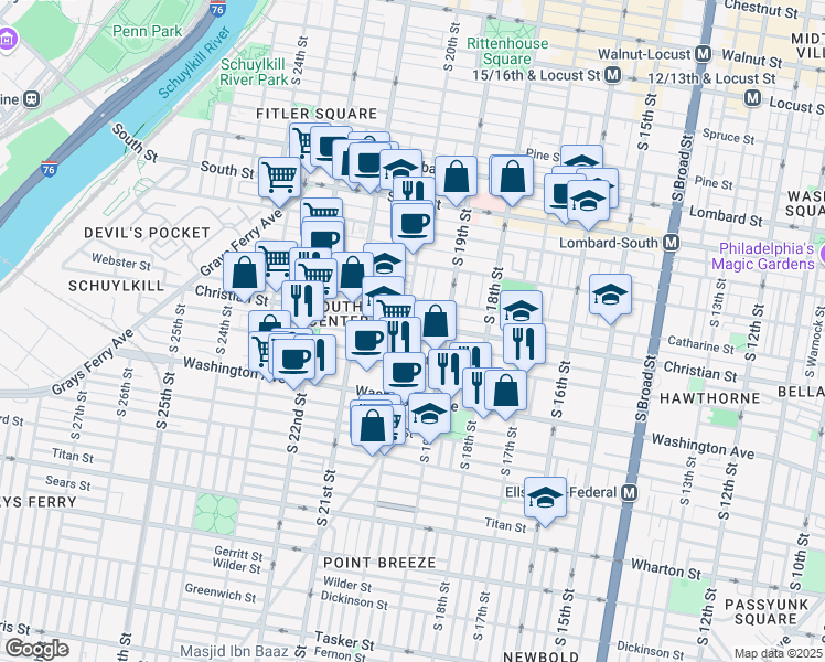 map of restaurants, bars, coffee shops, grocery stores, and more near 1928 Montrose Street in Philadelphia