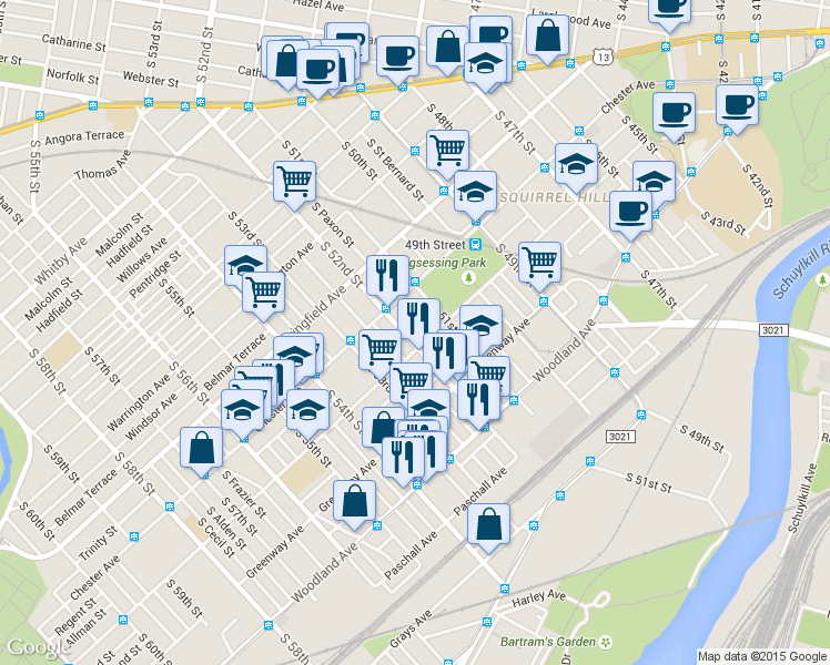 map of restaurants, bars, coffee shops, grocery stores, and more near 5119 Kingsessing Avenue in Philadelphia