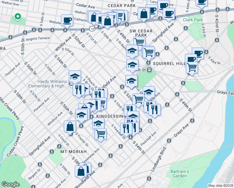 map of restaurants, bars, coffee shops, grocery stores, and more near 1323 South Lindenwood Street in Philadelphia