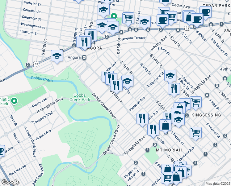 map of restaurants, bars, coffee shops, grocery stores, and more near 1430 South 58th Street in Philadelphia