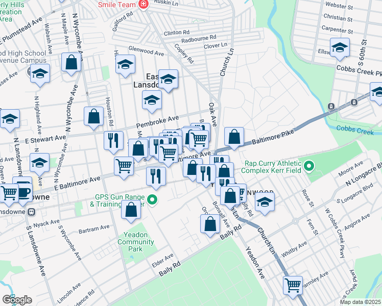 map of restaurants, bars, coffee shops, grocery stores, and more near 900 East Baltimore Avenue in Lansdowne